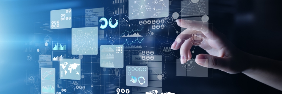 Hand interacting with floating digital dashboards displaying charts, analytics data, and business intelligence metrics