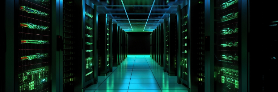 Rows of illuminated server racks with green LED lights in a dark enterprise data center corridor