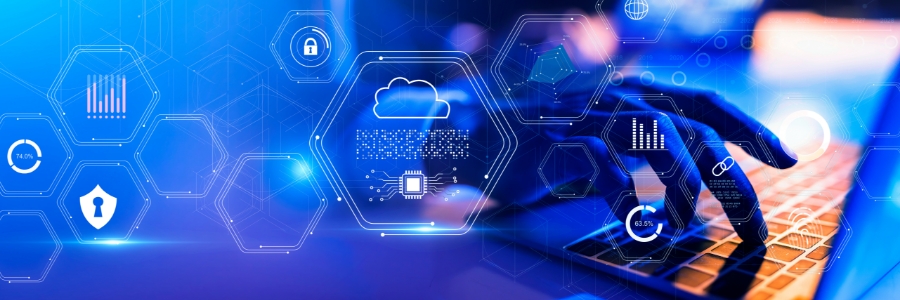 Hands typing on a laptop surrounded by glowing hexagonal icons representing cloud computing, cybersecurity, and network data
