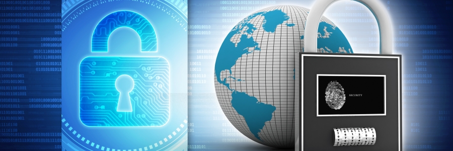 Digital padlocks and globe graphic representing cybersecurity protection for SMB network security