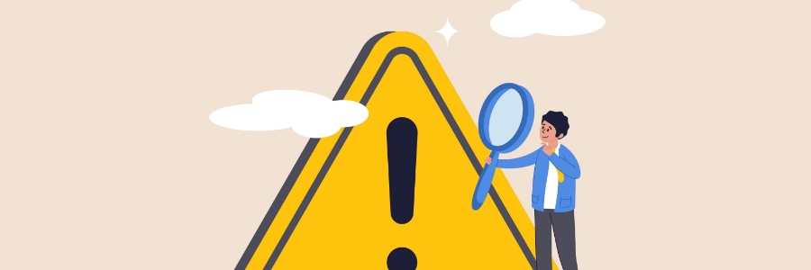 Person examining a large caution warning sign with a magnifying glass beside floating clouds