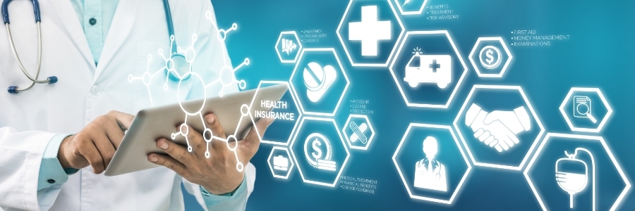 Doctor using tablet with digital health insurance icons and medical symbols on blue background