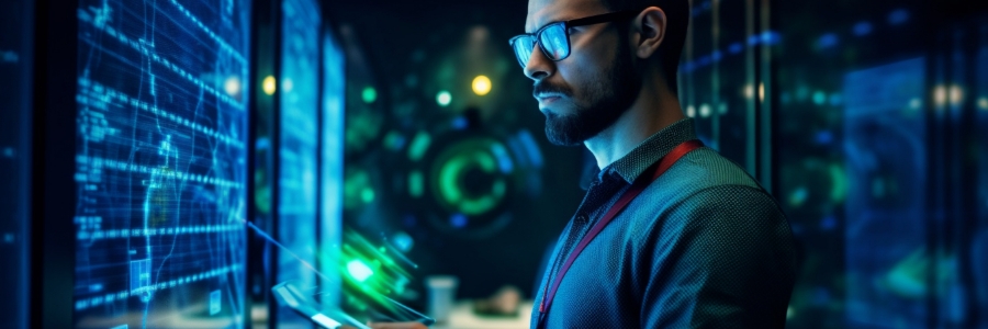 IT security professional analyzing digital network data on glowing blue cybersecurity monitoring screens