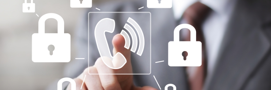 Businessperson touching a phone icon surrounded by padlock symbols on a virtual security interface