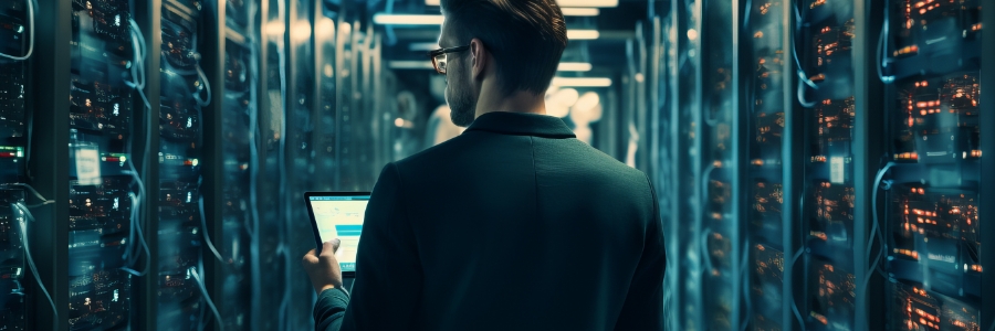 IT technician reviewing data on tablet while managing server room infrastructure in data center