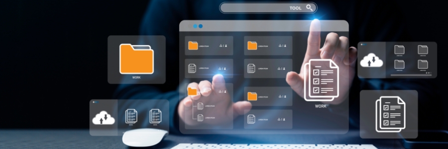 Person interacting with floating digital file management interface showing cloud storage, folders, and document icons