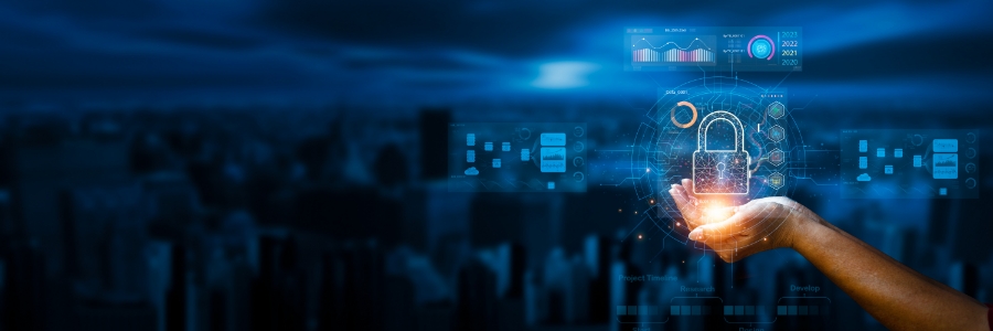 Hand holding glowing digital padlock with cybersecurity data dashboard icons against dark blue city background