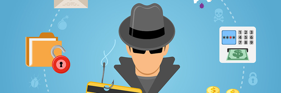 Cartoon hacker figure holding a credit card on a fish hook surrounded by cybersecurity threat icons including malware and ATM