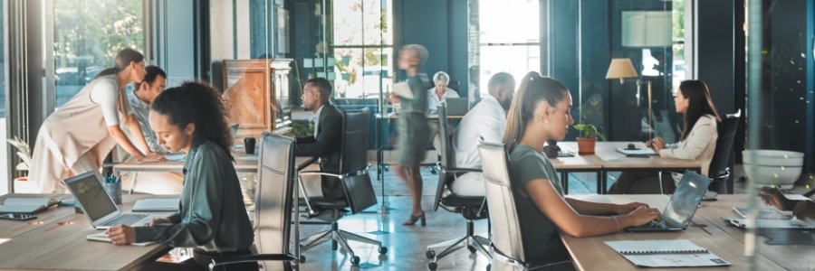Business professionals collaborating and working on laptops in a modern open office environment
