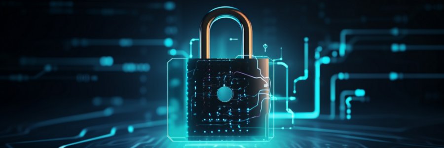 Glowing digital padlock with circuit board patterns and cybersecurity network lines on dark blue background