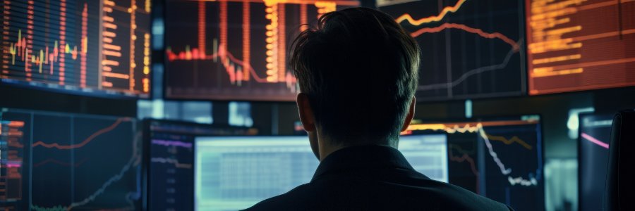 IT professional monitoring multiple screens displaying real-time financial data charts and network analytics dashboards
