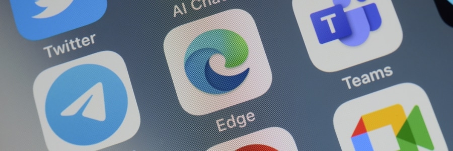 Microsoft Edge app icon displayed on a mobile device screen alongside Teams, Telegram, Twitter, and Google Drive apps