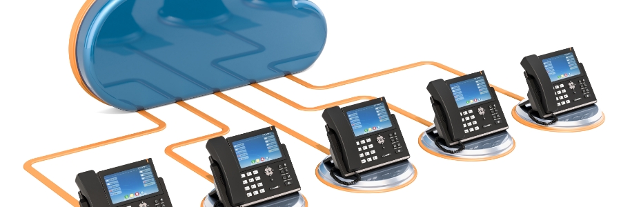 Cloud-connected VoIP desk phones linked by orange network lines illustrating business phone system infrastructure