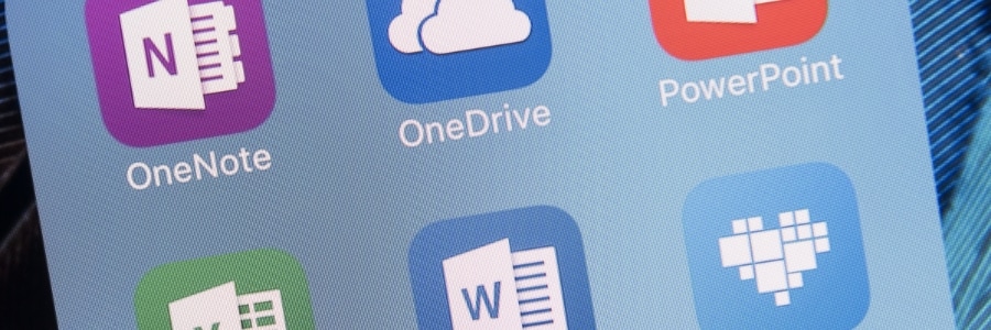 Microsoft 365 mobile apps including OneNote, OneDrive, PowerPoint, Word, and Excel displayed on a tablet screen