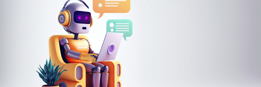3D robot sitting in a chair using a laptop with AI chat bubbles, representing intelligent business communication technology