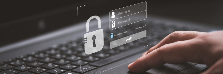 Hand typing on laptop keyboard with holographic login screen showing username, password fields, and padlock icon