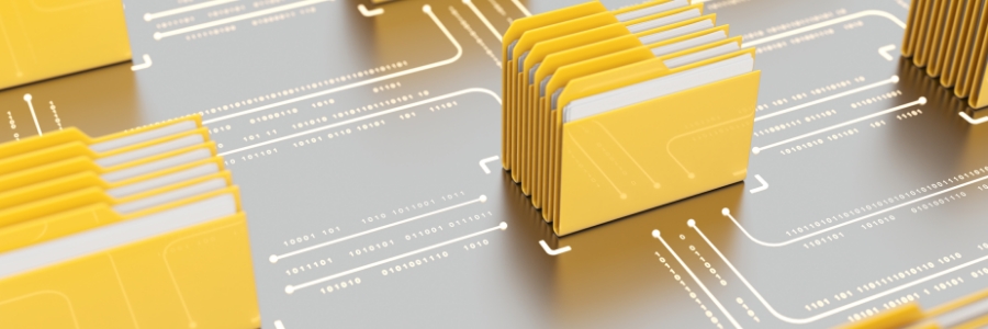 3D yellow file folders connected by binary data streams on a digital network grid