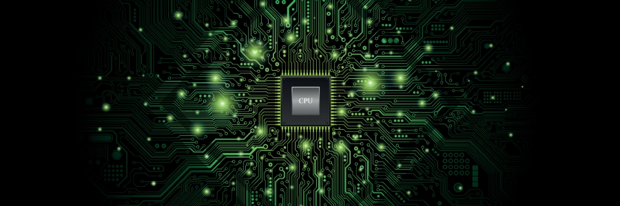 Green illuminated CPU chip on a circuit board with glowing data pathways representing PC hardware and energy consumption