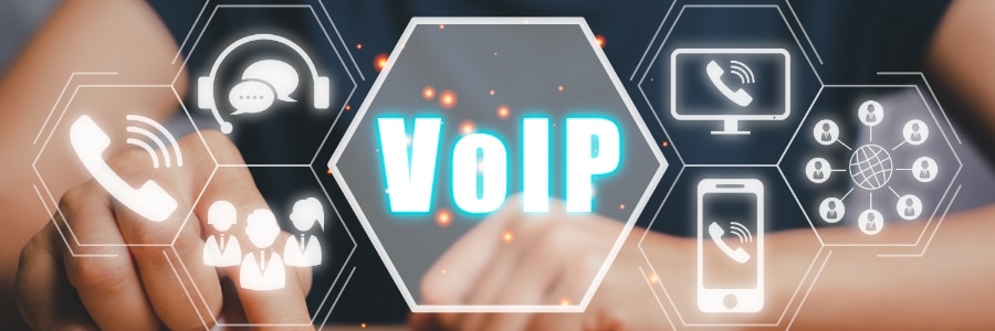 VoIP technology icons including phone, headset, mobile, and network symbols arranged in hexagonal grid
