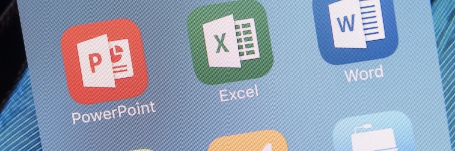 Microsoft PowerPoint, Excel, and Word app icons displayed on a mobile device screen