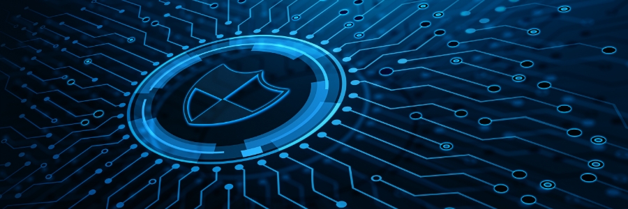 Glowing cybersecurity shield icon on blue circuit board background representing data protection