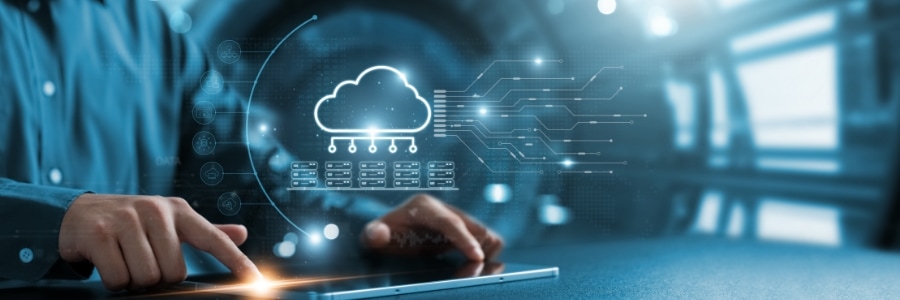 Person using tablet with glowing cloud computing diagram showing server infrastructure and network connections