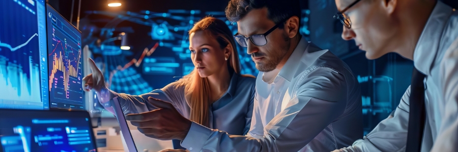 IT team analyzing cybersecurity data dashboards on monitors in a dark operations center