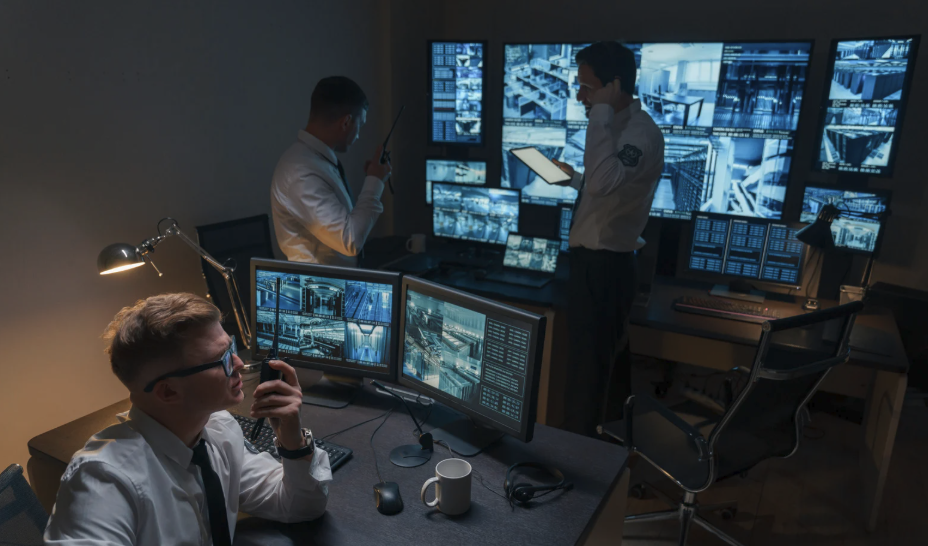 Security team monitoring multiple CCTV surveillance screens in a dark IT operations control room