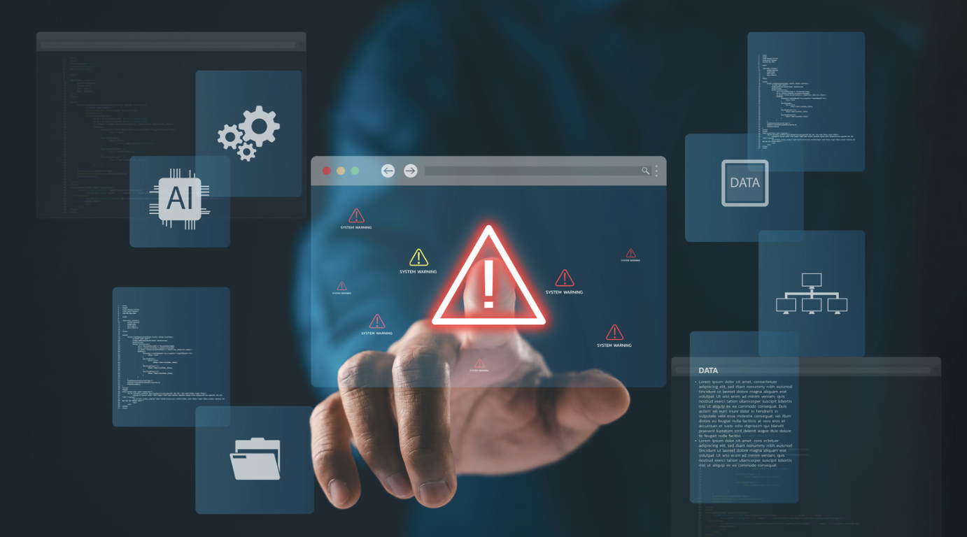 IT professional touching digital screen displaying system warning alerts, AI chip icon, data panels, and network diagrams