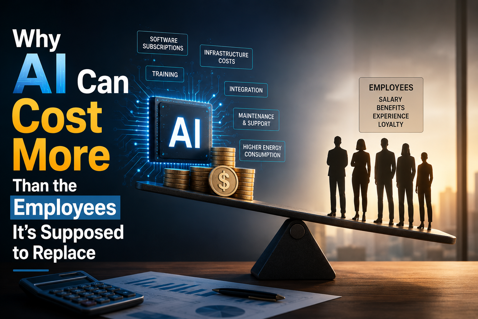 Balance scale weighing AI chip with IT costs against employee silhouettes, illustrating AI vs workforce expense comparison