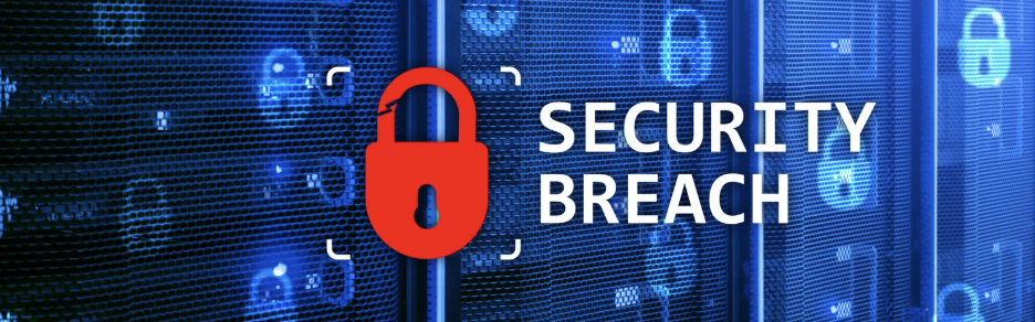 Red padlock icon beside bold text reading Security Breach against a blue server room background with digital lock icons