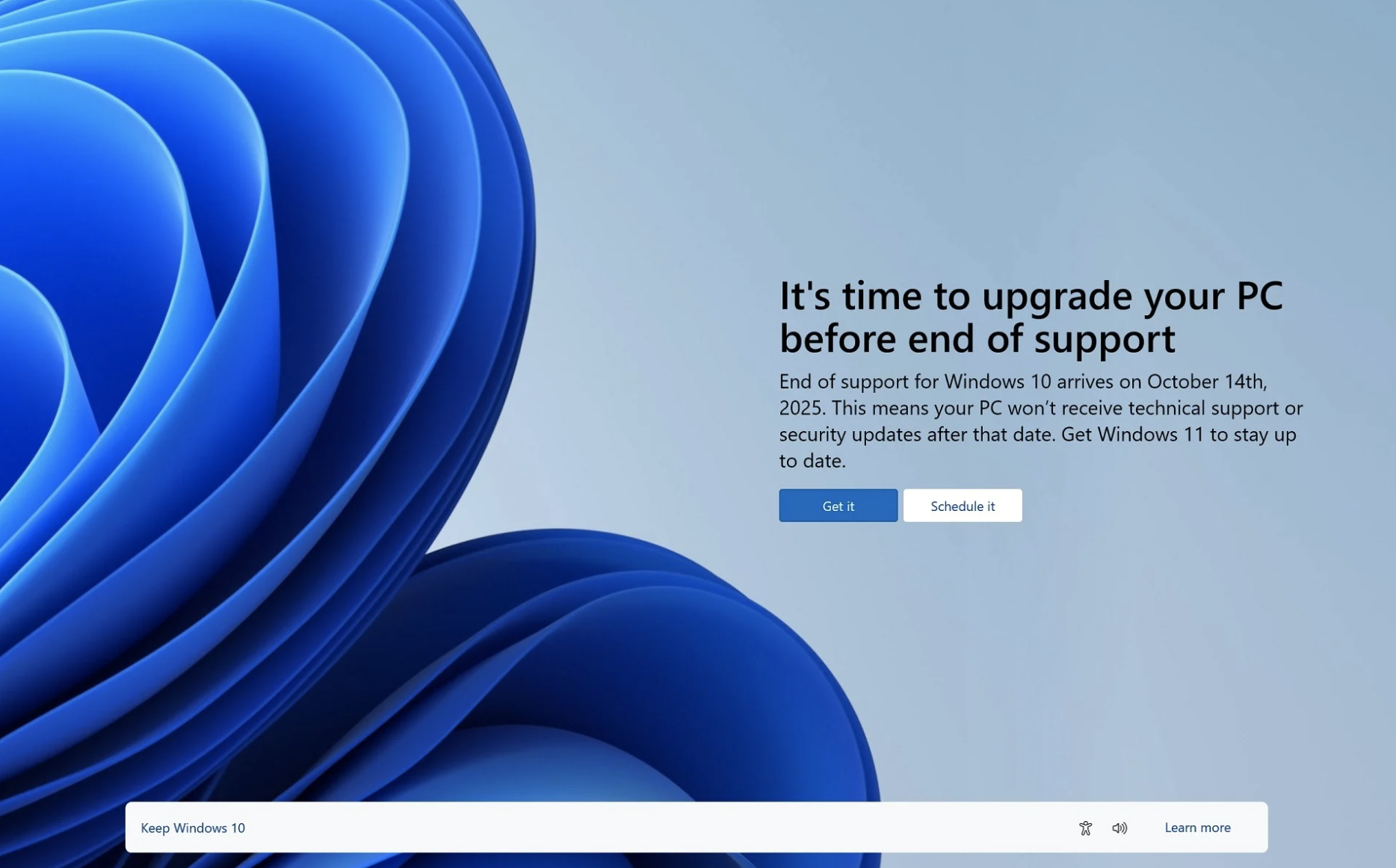 Windows 10 end of support upgrade prompt showing Windows 11 wallpaper with Get it and Schedule it buttons