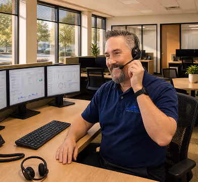 Rock Solid Technology IT support technician taking a call at a multi-monitor workstation in a modern office