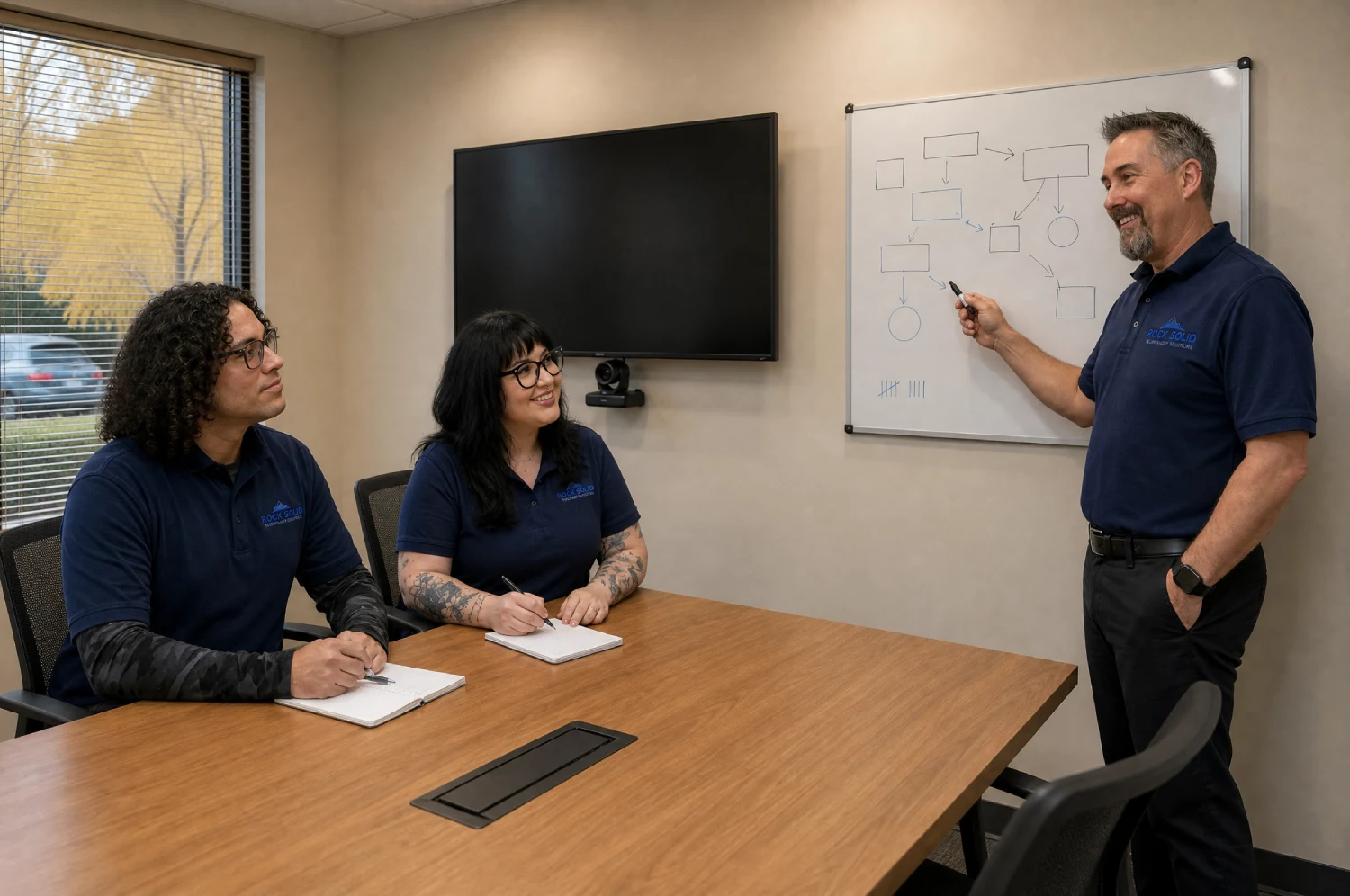 Rock Solid Technology Solutions IT team collaborating in a conference room around a whiteboard flowchart diagram