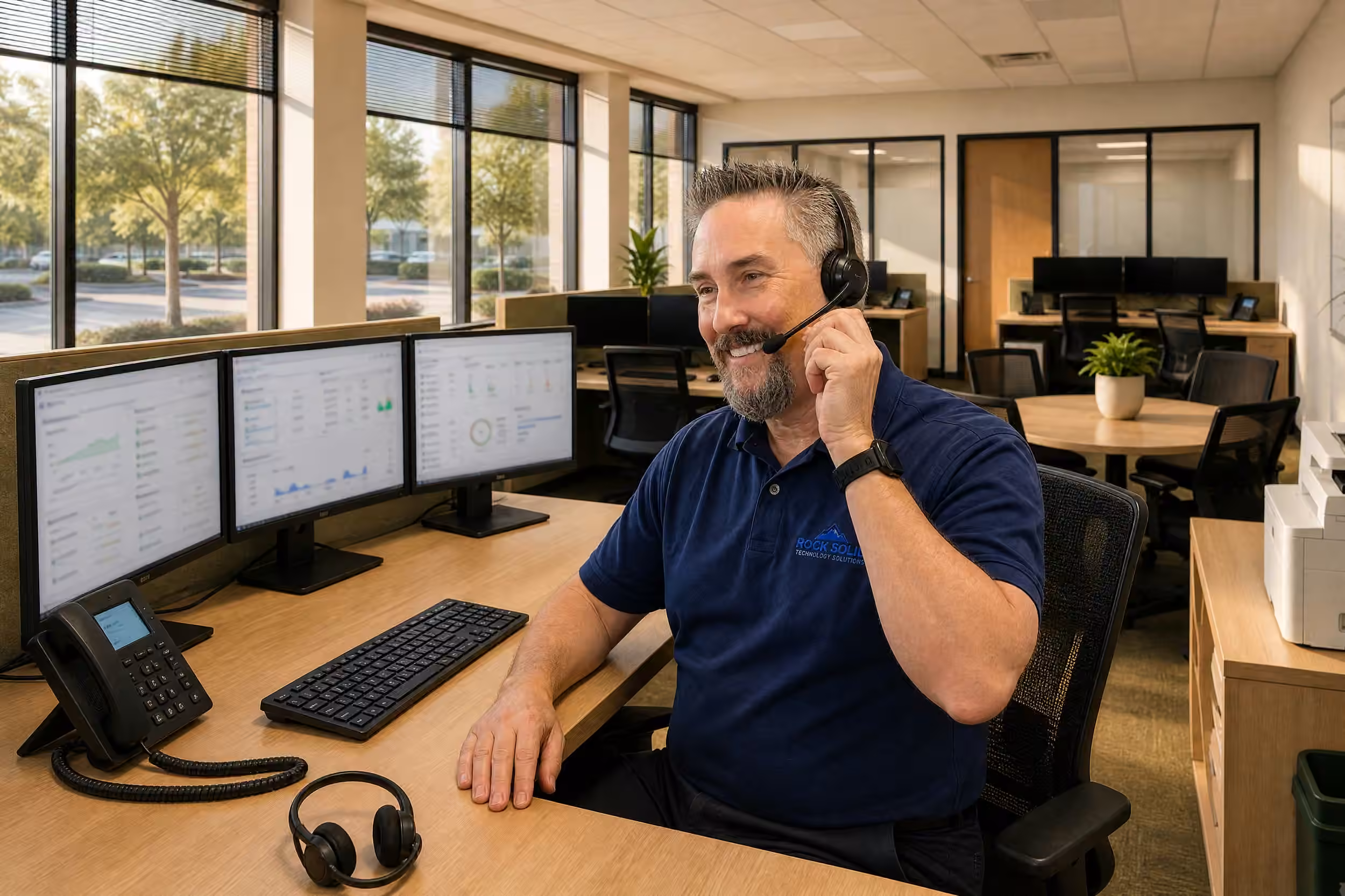 Rock Solid technician providing managed IT support via headset at multi-monitor help desk workstation
