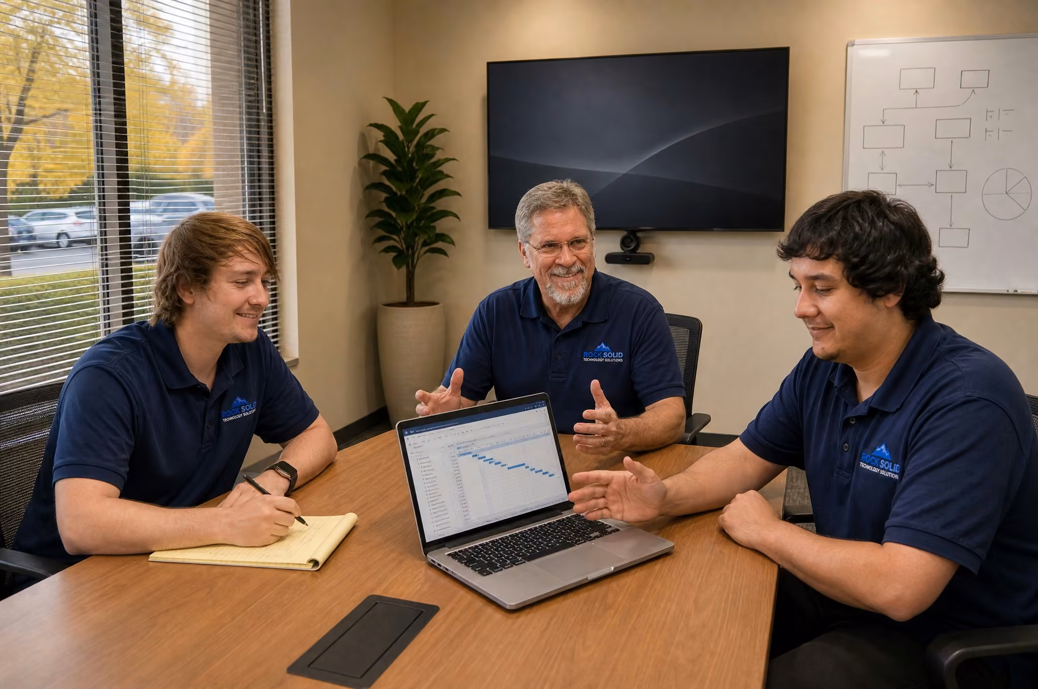 Rock Solid Technology team reviewing IT project management software on a Dell laptop in a conference room meeting