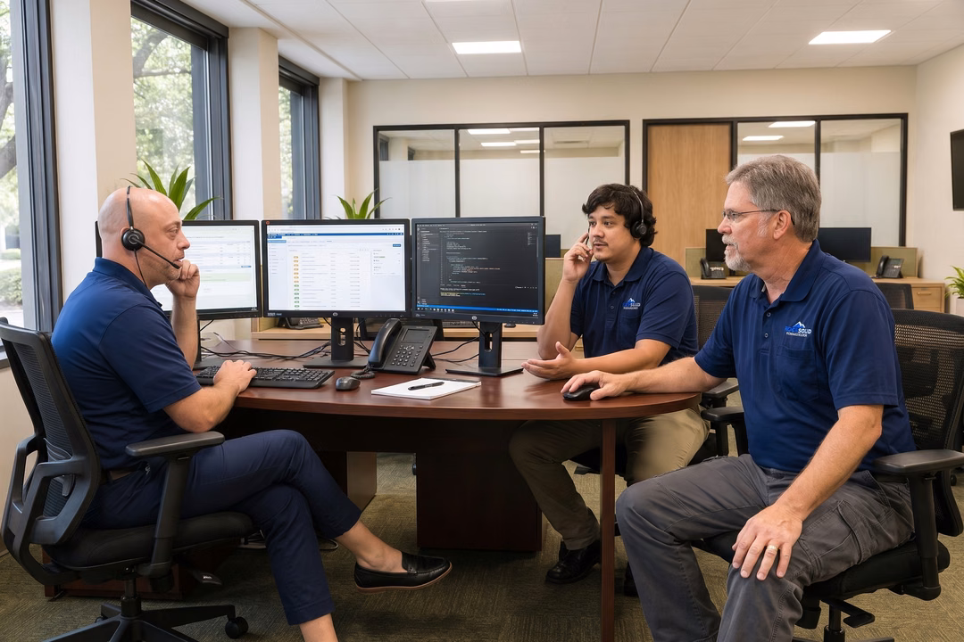 Rock Solid Technology team members collaborating at IT support desk with multiple monitors during client call