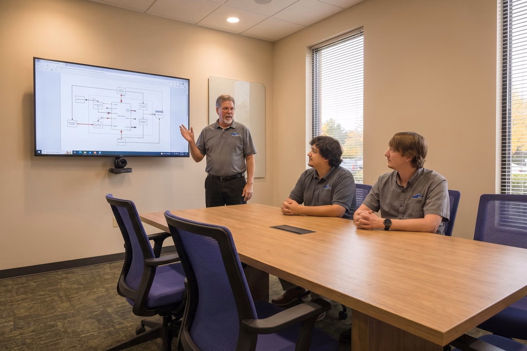 IT consultant presenting compliance workflow diagram to two team members in a modern conference room