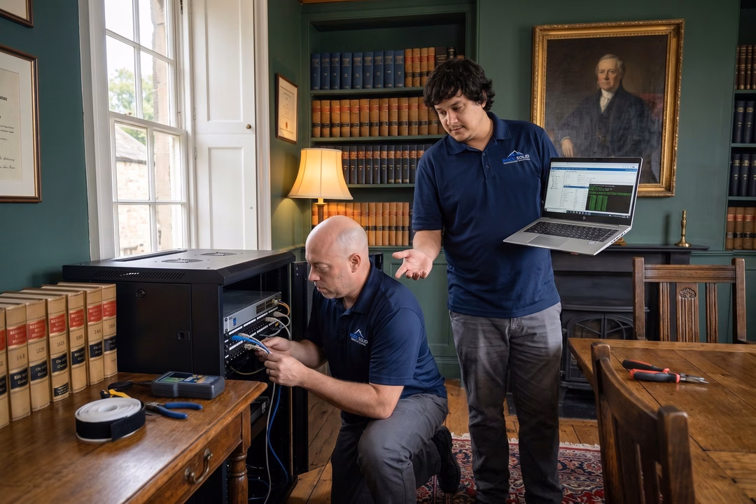 Rock Solid technicians configuring network rack equipment and reviewing IT management software on laptop in office