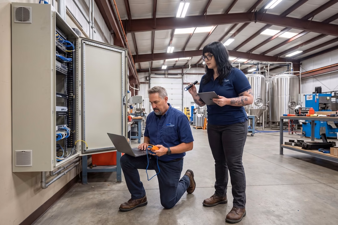 Two IT technicians servicing a network server cabinet in an industrial facility, one using a laptop and cable tester