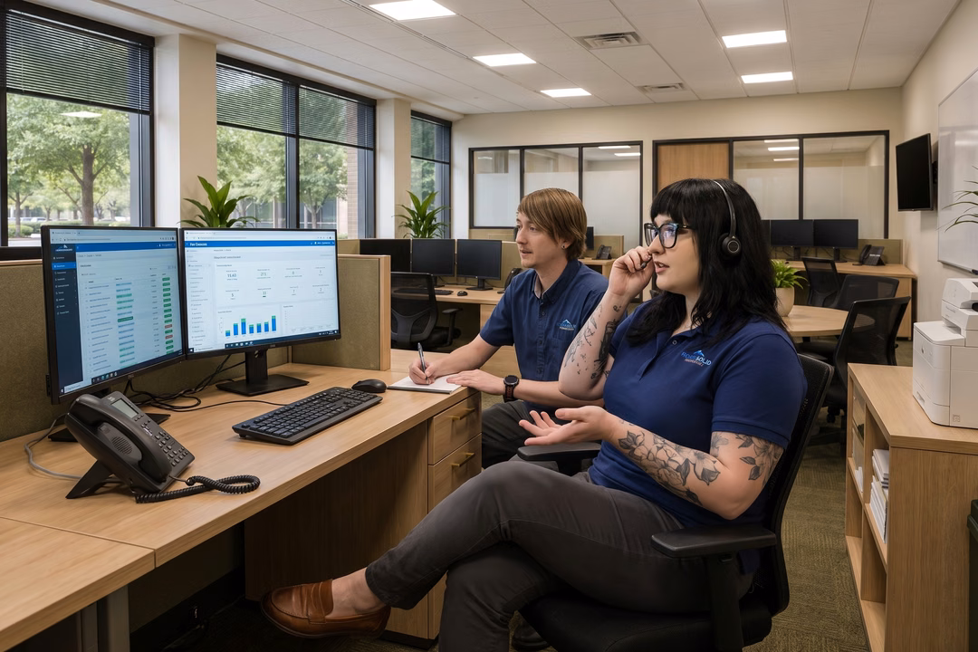 IT support specialists reviewing cybersecurity dashboards and taking notes in a modern managed services office