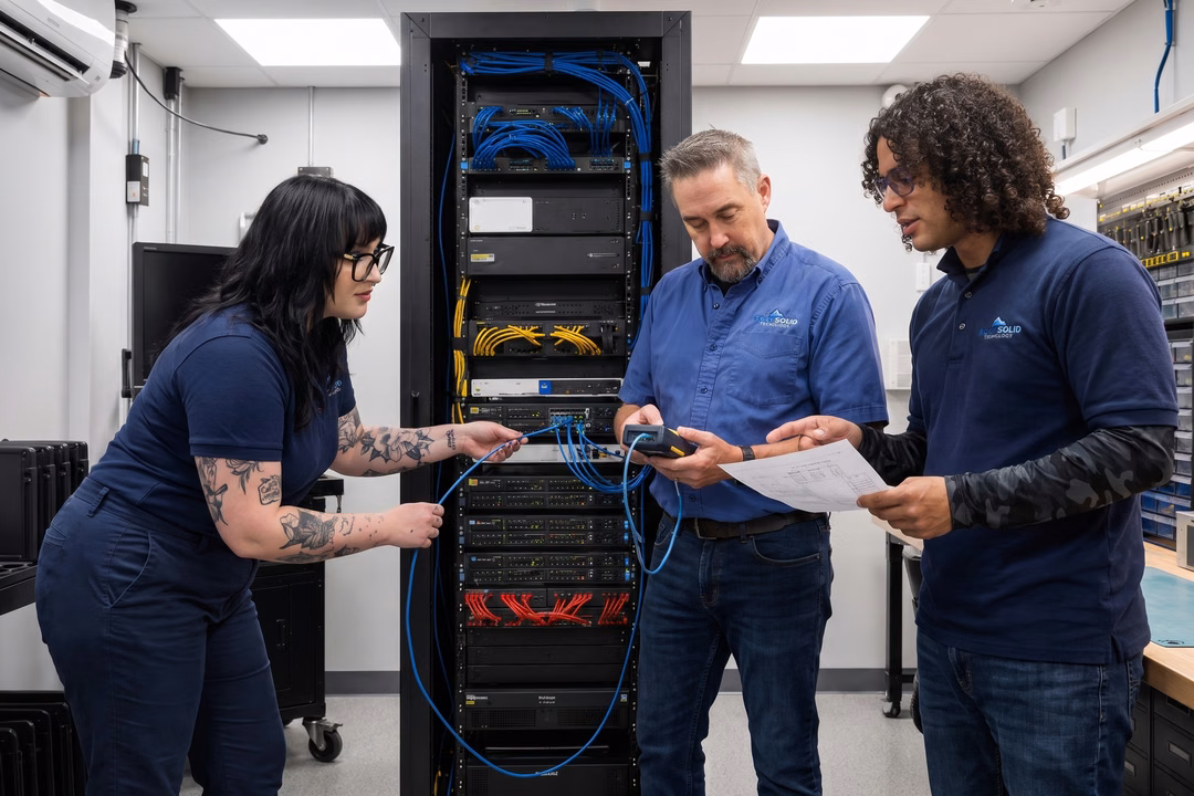 Rock Solid Technology team configuring network rack and testing cable connections in a server room