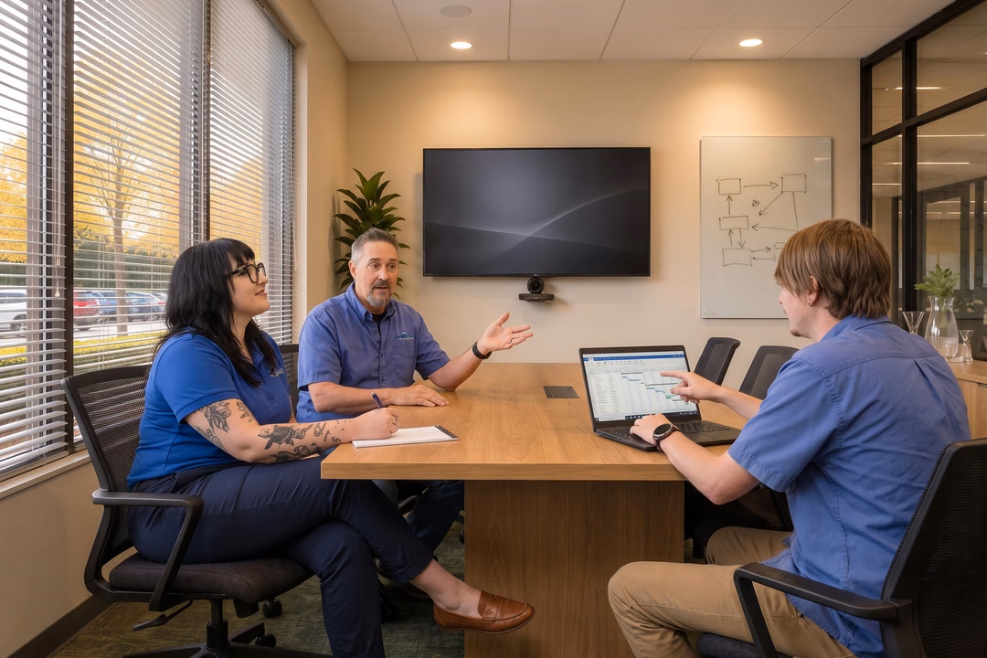Rock Solid Technology Solutions IT team collaborating on VoIP system setup using laptop in modern conference room