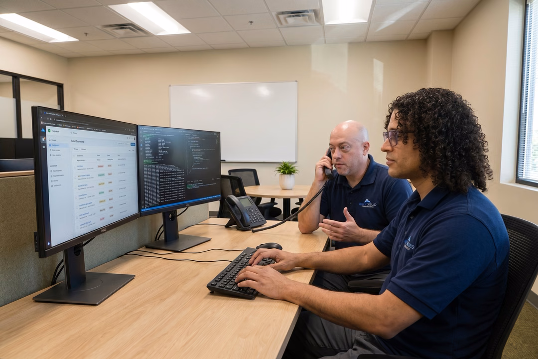 Rock Solid Technology IT technicians troubleshooting helpdesk tickets on dual monitors while providing live phone support