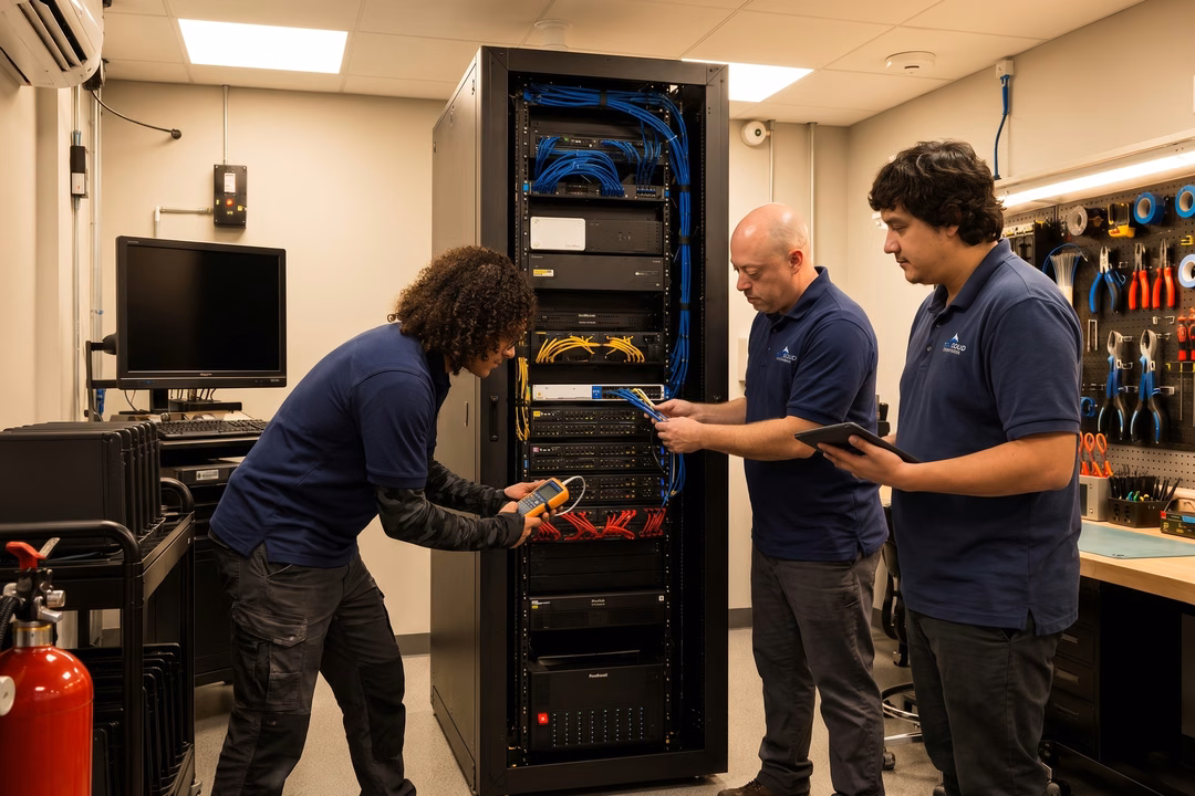 Rock Solid Technology team installing and testing network rack cabling and equipment in a server room