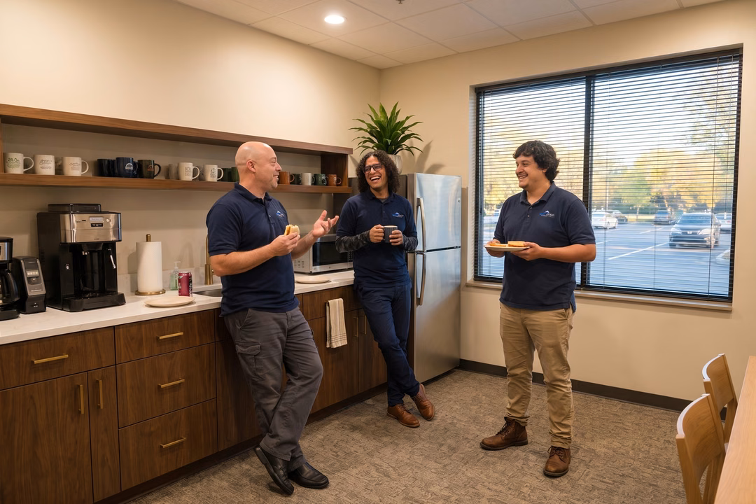Rock Solid Technology team members chatting and sharing a meal in a modern office break room kitchen