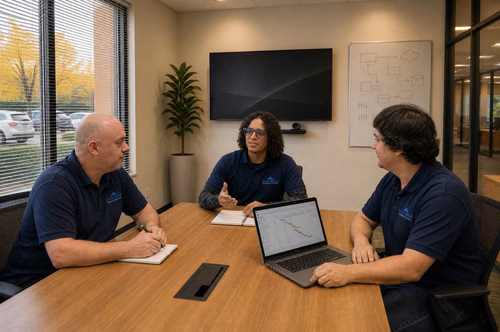 Rock Solid Technology Solutions IT team reviewing managed services dashboard on laptop in conference room meeting