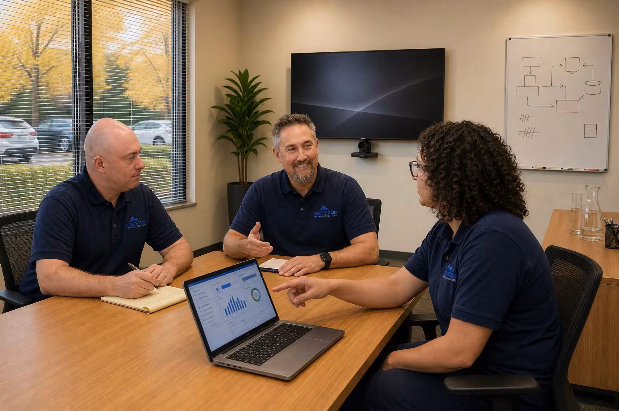 Three colleagues in matching polo shirts reviewing IT dashboard data on a laptop during a conference room meeting