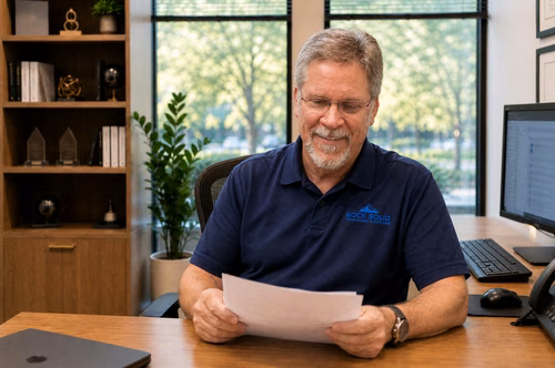 Rock Solid Technology Solutions IT professional reviewing cybersecurity documents at office desk with computer workstation
