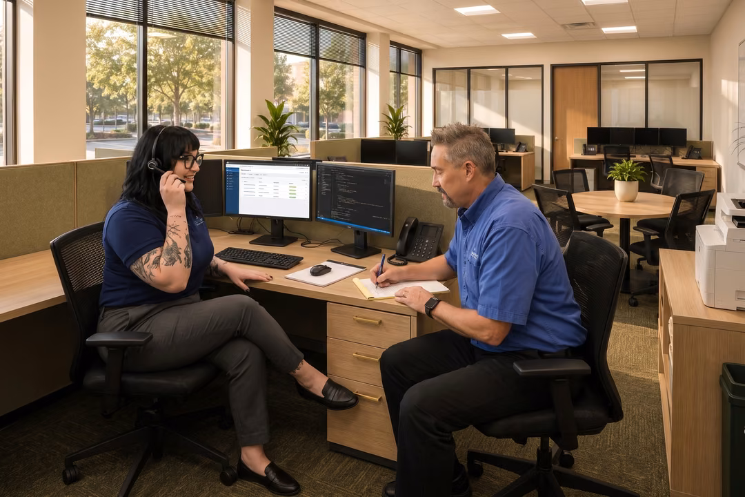 IT support technician taking notes while colleague handles client call at dual-monitor help desk workstation